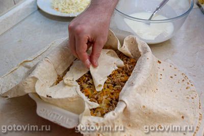 Пирог из лаваша с мясом и сыром Пирог из лаваша с мясом и сыром
