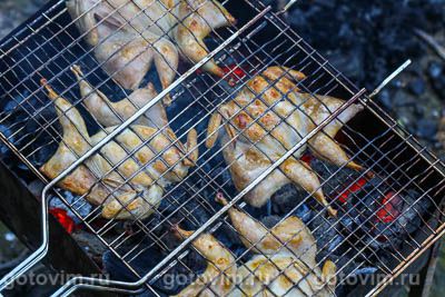 Перепела «тапака» на мангале Перепела «тапака» на мангале