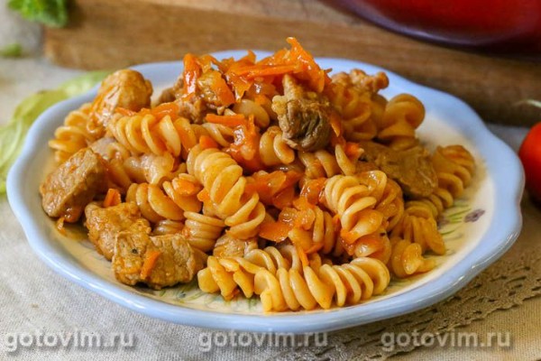 Макароны с мясом на сковороде (без варки)