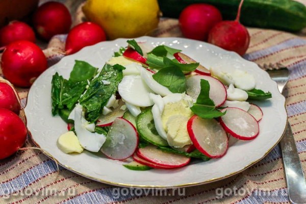 Салат из рукколы с огурцом, редисом и яйцом