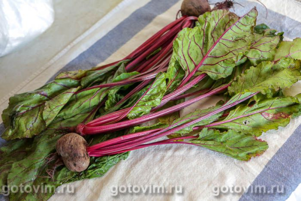 Борщ с мясом и свекольной ботвой