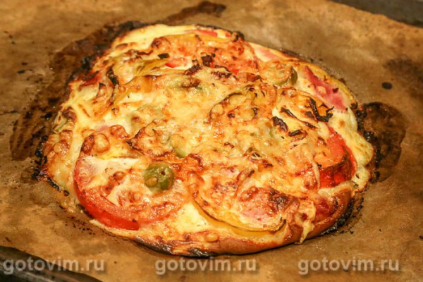 Пицца на кефире с ветчиной, сыром, беконом и помидорами Пицца на кефире с ветчиной, сыром, беконом и помидорами